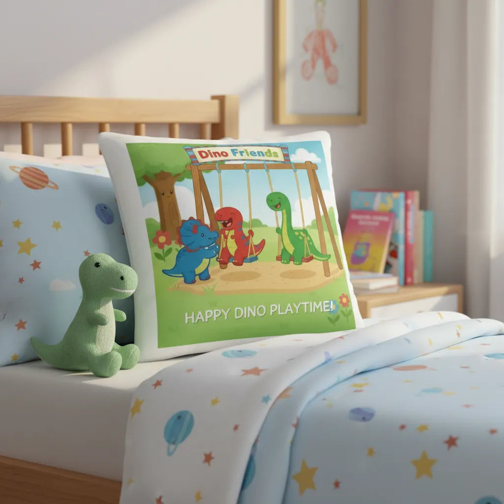 Personalized Dino Friends Swing Park- Custom Name Throw Pillow