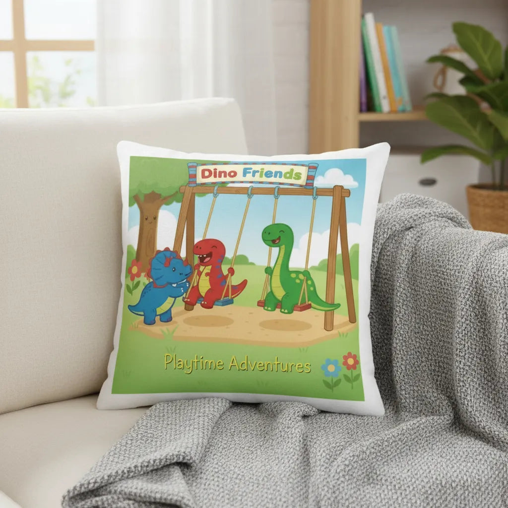 Personalized Dino Friends Swing Park- Custom Name Throw Pillow